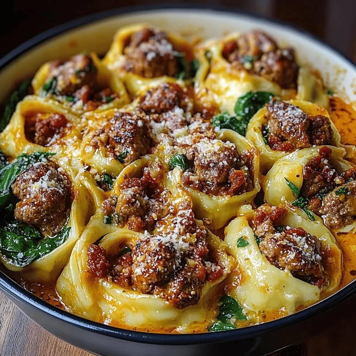 Garlic Butter Tortellini in Creamy Sauce with Beef Italian Sausage Spinach