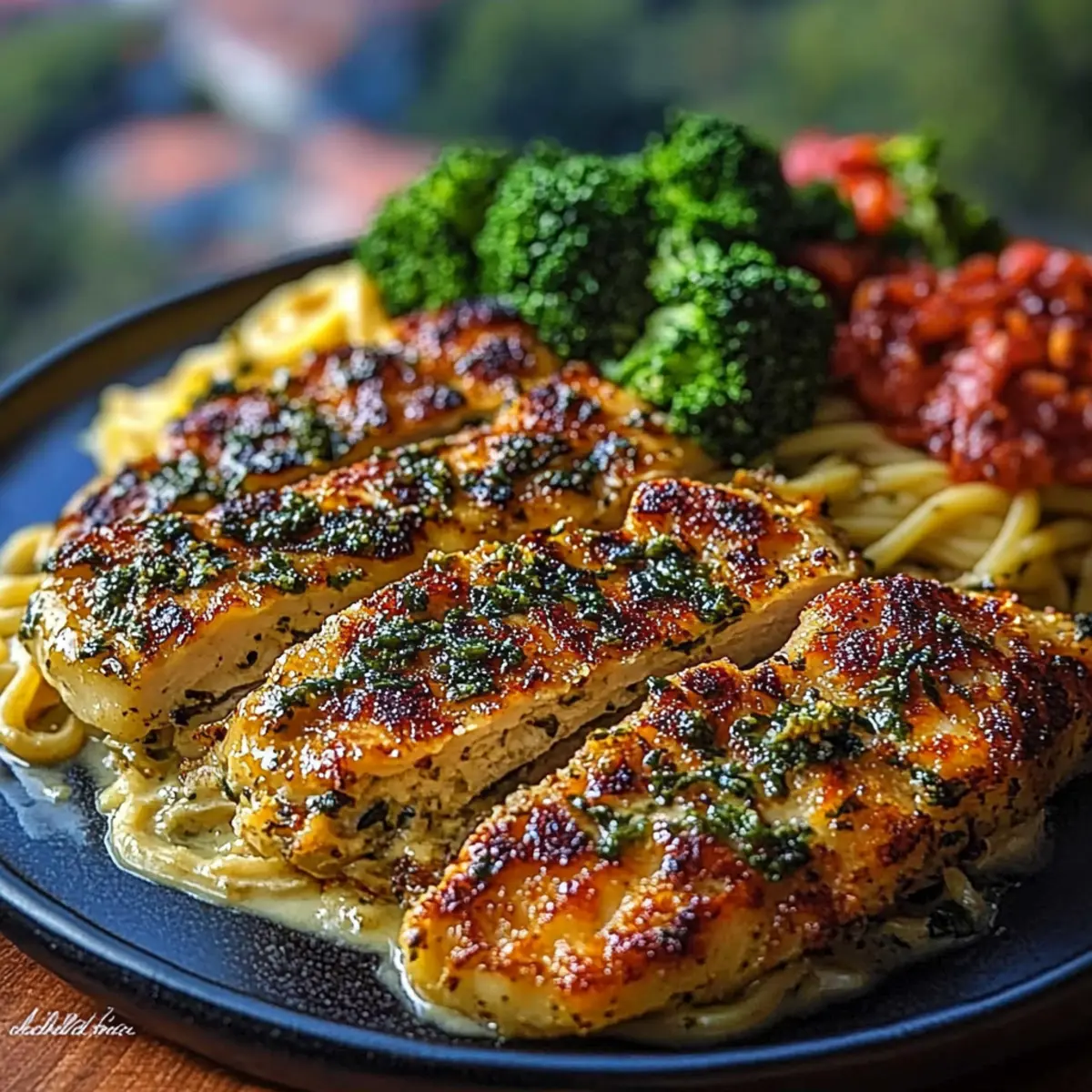 Pesto Chicken Alfredo with Spicy Feta Cream & Parmesan Broccoli Crunch