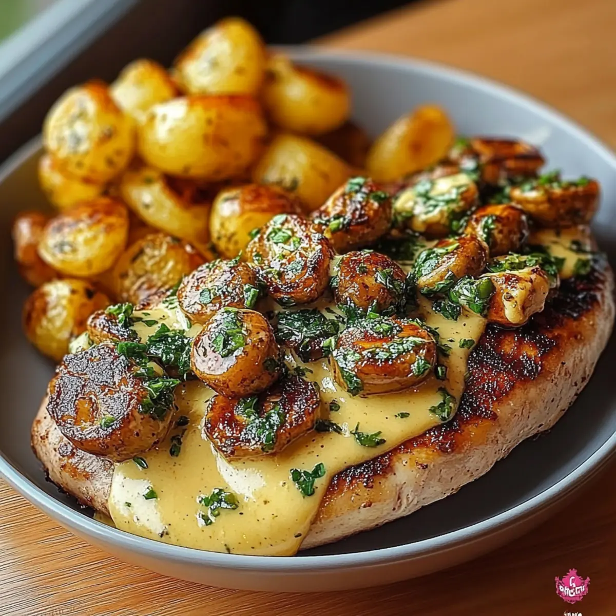 Chestnut Garlic Greek Chicken Alfredo with Sage Potatoes & Mushroom Pesto Cream