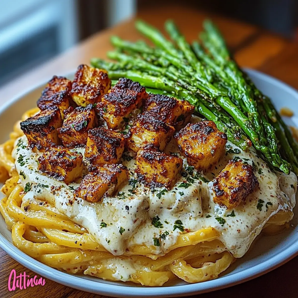 Greek Chili Chicken Alfredo with Smoked Feta Cream & Crispy Parmesan Asparagus