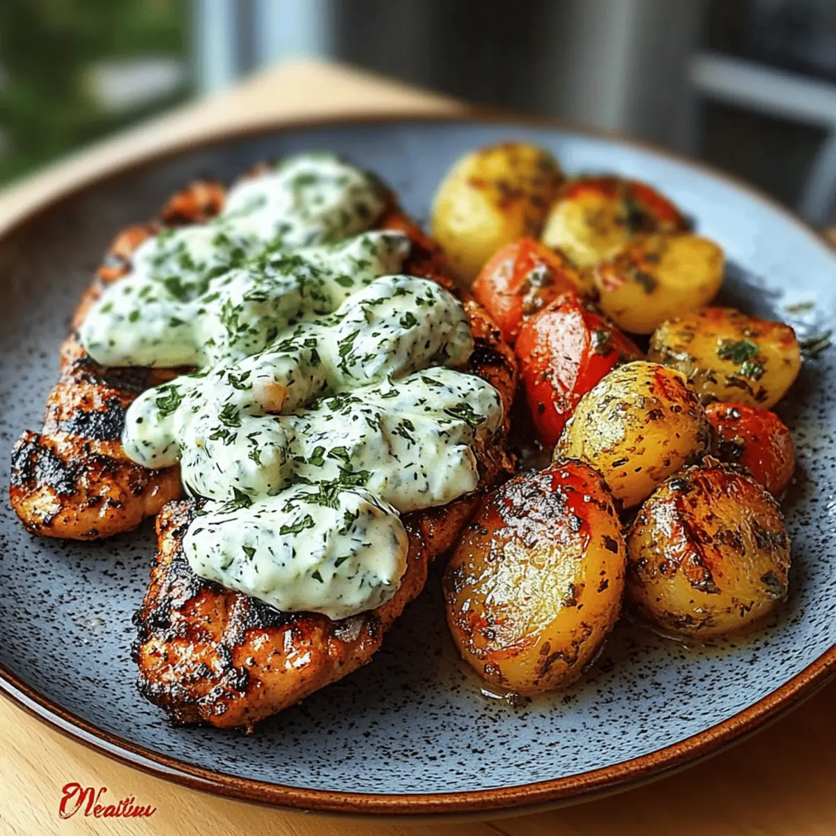 Spicy Yogurt Marinated Chicken with Dill Feta Cream & Crispy Baby Potatoes