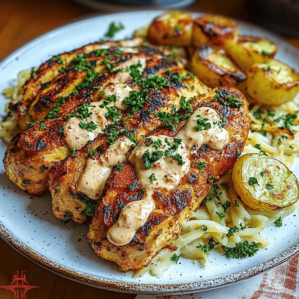 Smoked Paprika Chicken Alfredo with Feta-Tahini Cream and Crispy Brussels-Potato Combo Wedges