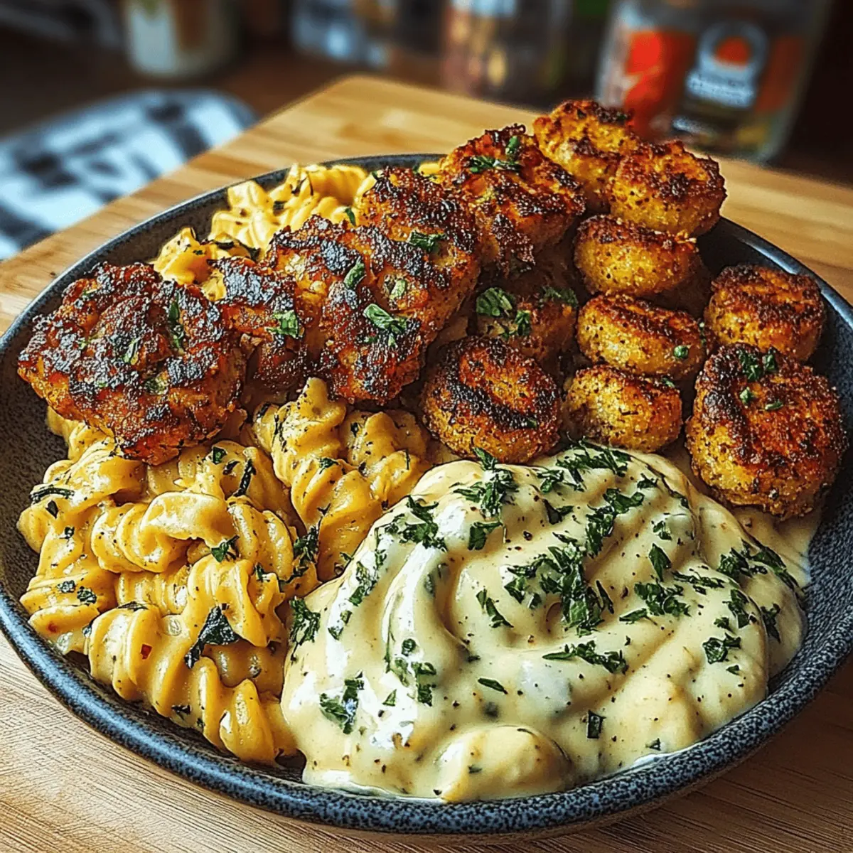 Hot Honey Cajun Chicken Alfredo with Basil Feta Swirl and Crispy Brussels Chips