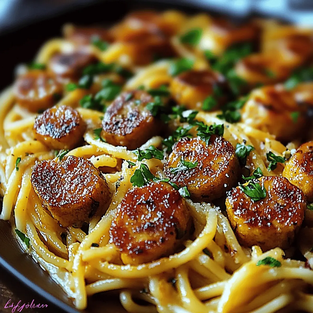 Sticky Honey Garlic Sausage Pasta Skillet