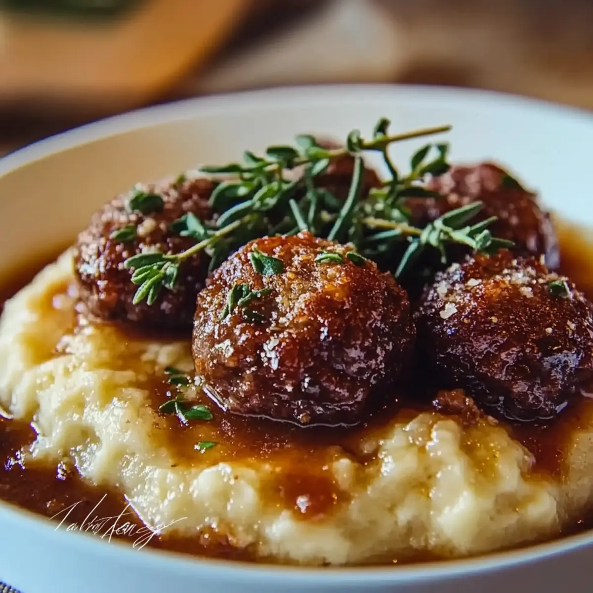 Salisbury Steak Meatballs with Garlic Herb Mashed Potatoes